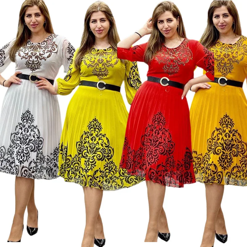 H3056 summer new arrivals fashion sexy women clothing yellow floral print half sleeve polyester zipper belt pleated red dresses