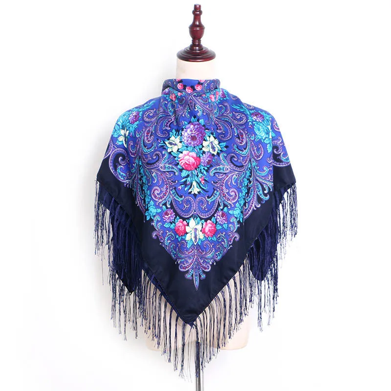 Top Selling Polyester Lurex Ladies Pashmina Russia Flower Printing Cotton Shawl Tassel Scarfs for Winter