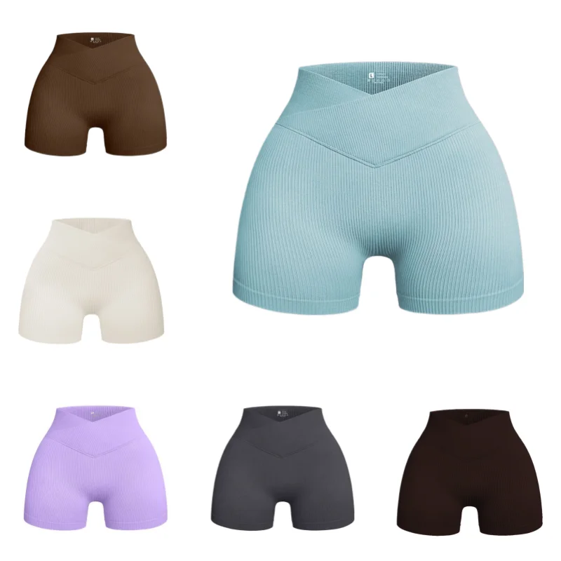 Ribbed Cross Waist Push Up Yoga Shorts For Women Gym Fitness Sports Wear Seamless Workout Running Scrunch Sport Shorts Clothes