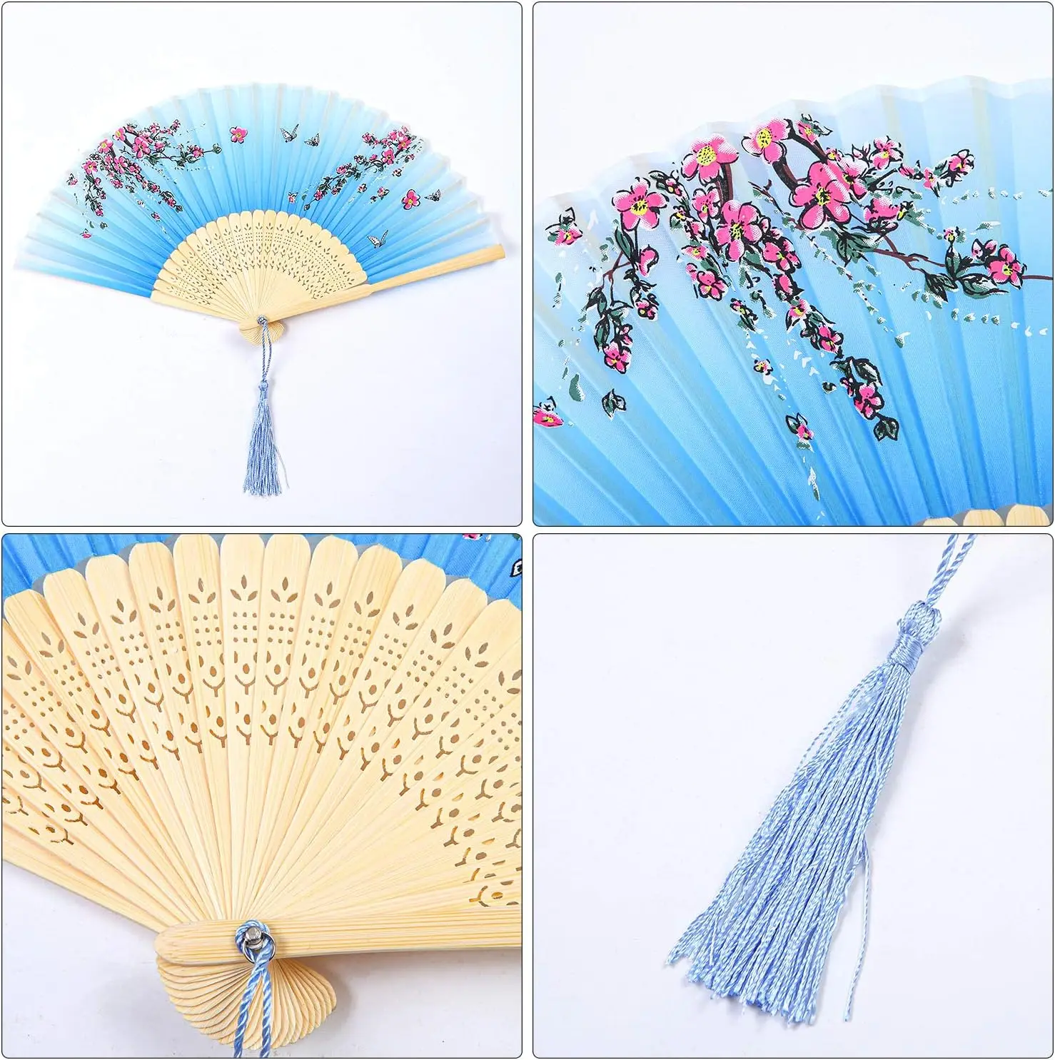 Hand-Held Carved Silk Bamboo Belly Fan Retro-Style Hollow Tzitzit Fan Folding Flower Fan for Business Gift for Men and Women