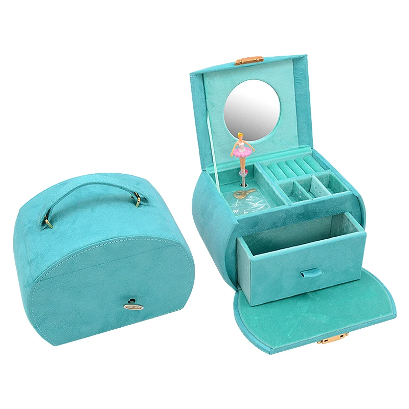 High Quality Velvet Necklace Musical Suitcase Luxury Travel Jewelry Storage Dancing Doll Music Box Girls