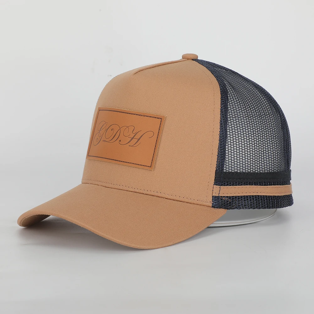 With Leather Patch Wholesale Custom Bulk Logo Quality High Profile 5 Panel Australian Country 2 Side Stripe Trucker Caps Hat