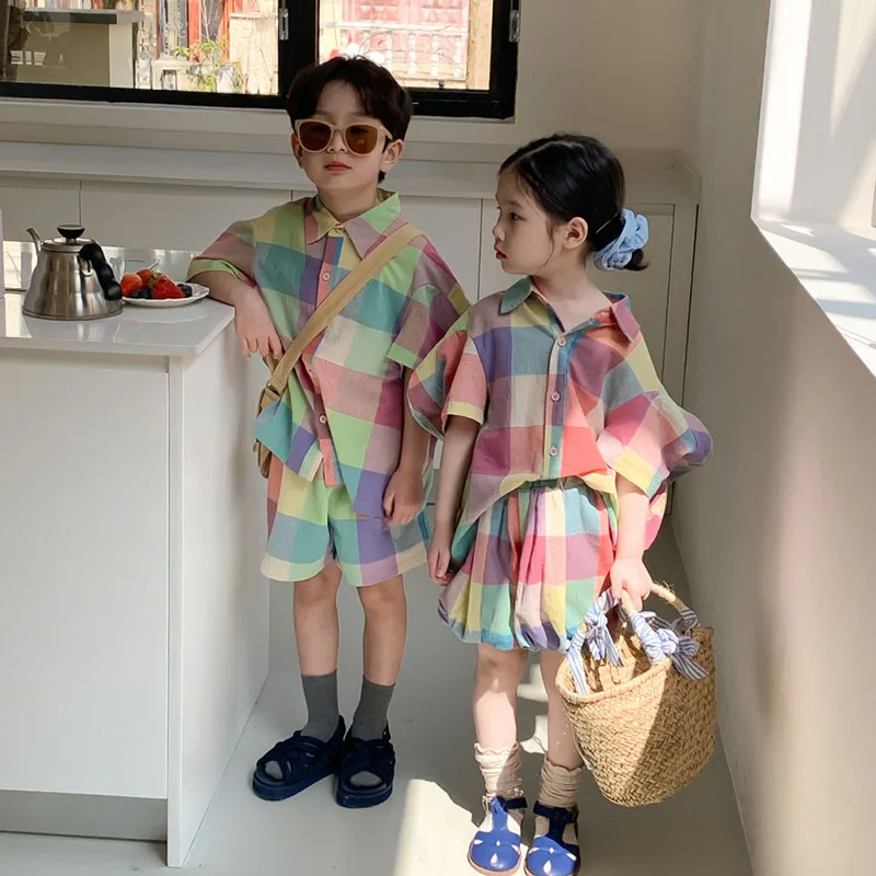 Summer Kids Clothing Set Plaid Tee And Shorts Girl Clothes Suit Brother And Sister Clothing