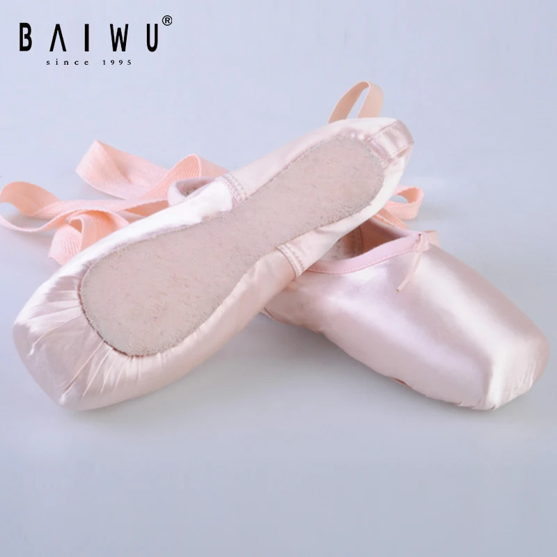 06B5B101 Baiwu Quality Genuine Leather Sole Satin Soft Pink Training Performance Dance Shoes For Women Girls Pointe Ballet Shoes