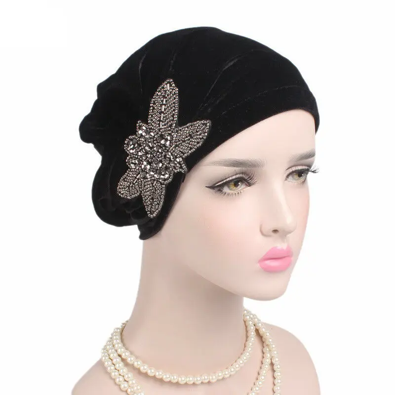 
Muslim Womens Velvet Hand Beaded Turban Cap India Chemo Wrap Headwear Beanie Hat 