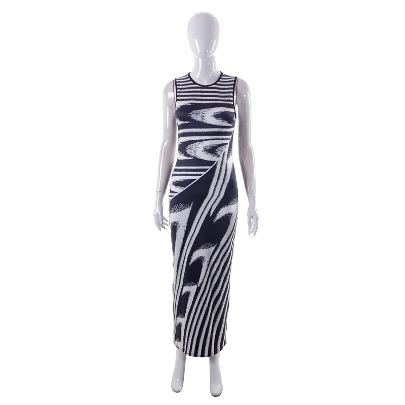 Q003 New 2023 European Chic Striped O-Neck Knee -Length Summer Sleeveless Dress Women Dresses 7