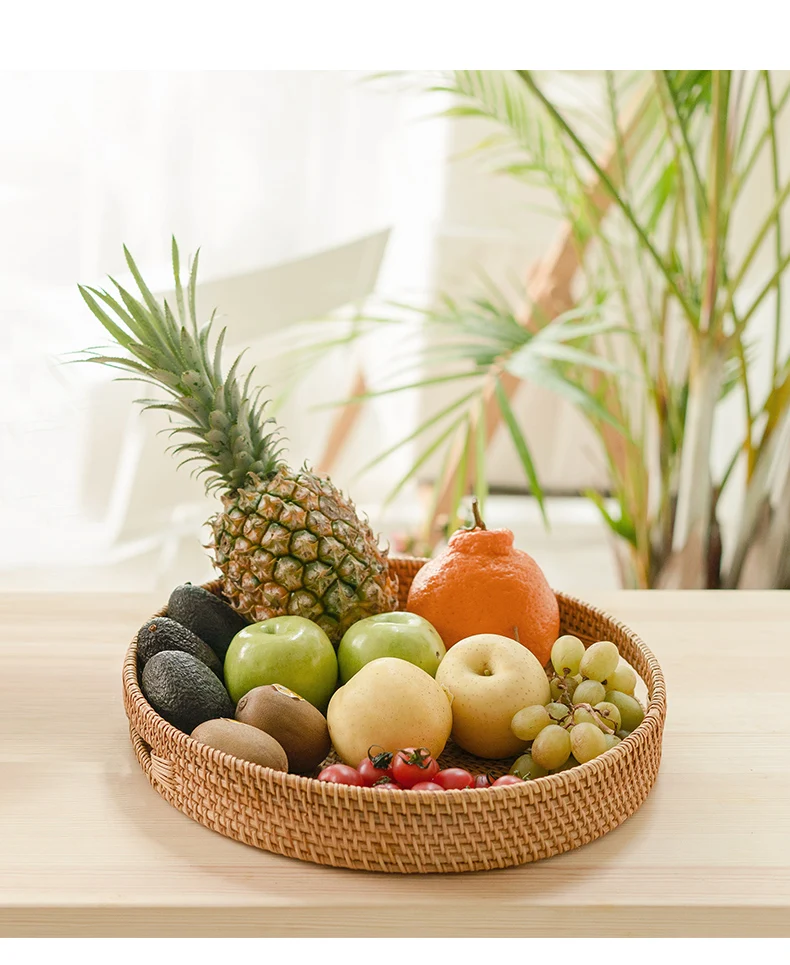 Круглая плетеная поднос из ротанга домашняя корзина для хранения ванной комнаты с тарелкой блюдо закуски хлеб фрукты кофе косметика