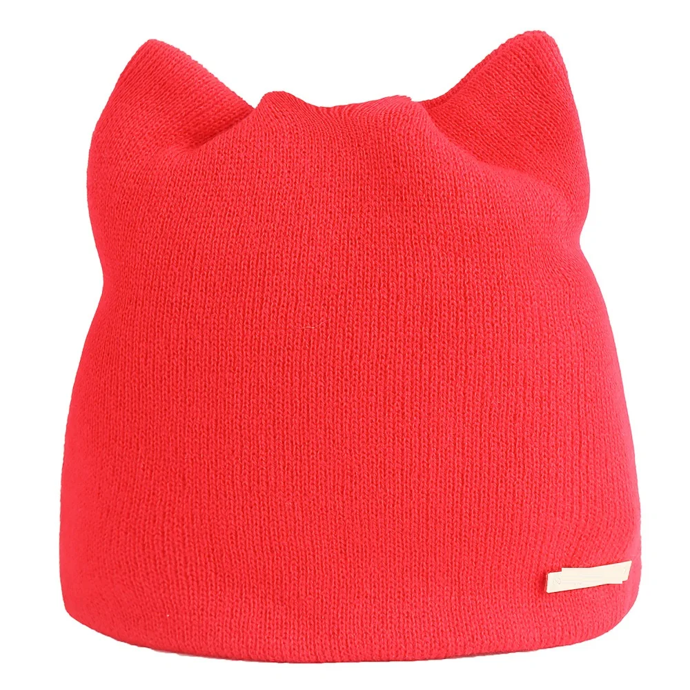 Custom Girls Winter Warm Women Knit Cute Cat Ear Knit Cable Rib Beanie Hat With Cat Ears
