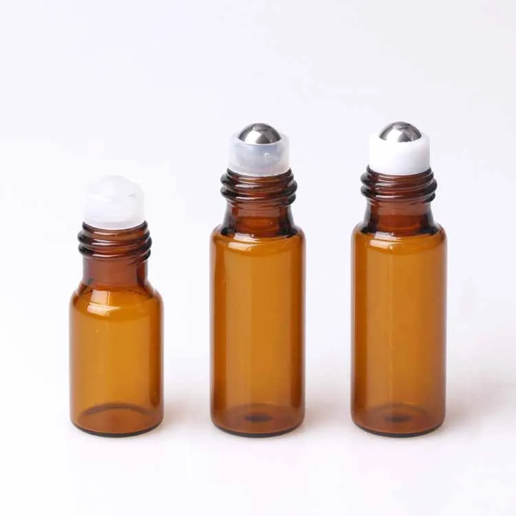 1ml 2ml 3ml 5ml Mini Amber Glass Essential Oil Roll on Bottle For Perfume with Stainless Steel Roller Ball Black Caps