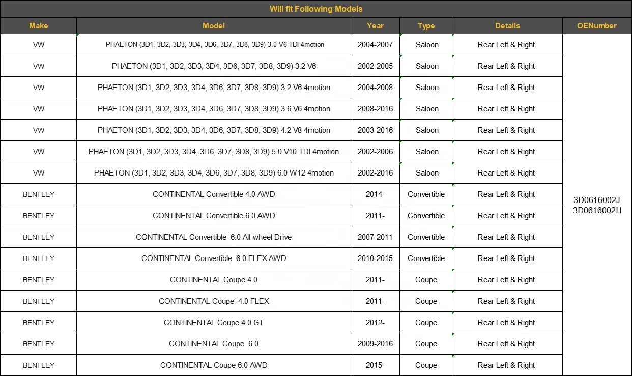 Front suspension air spring shock strut for VW PHAETON for BENTLEY CONTINENTAL 3D0616002J 3D0616002H