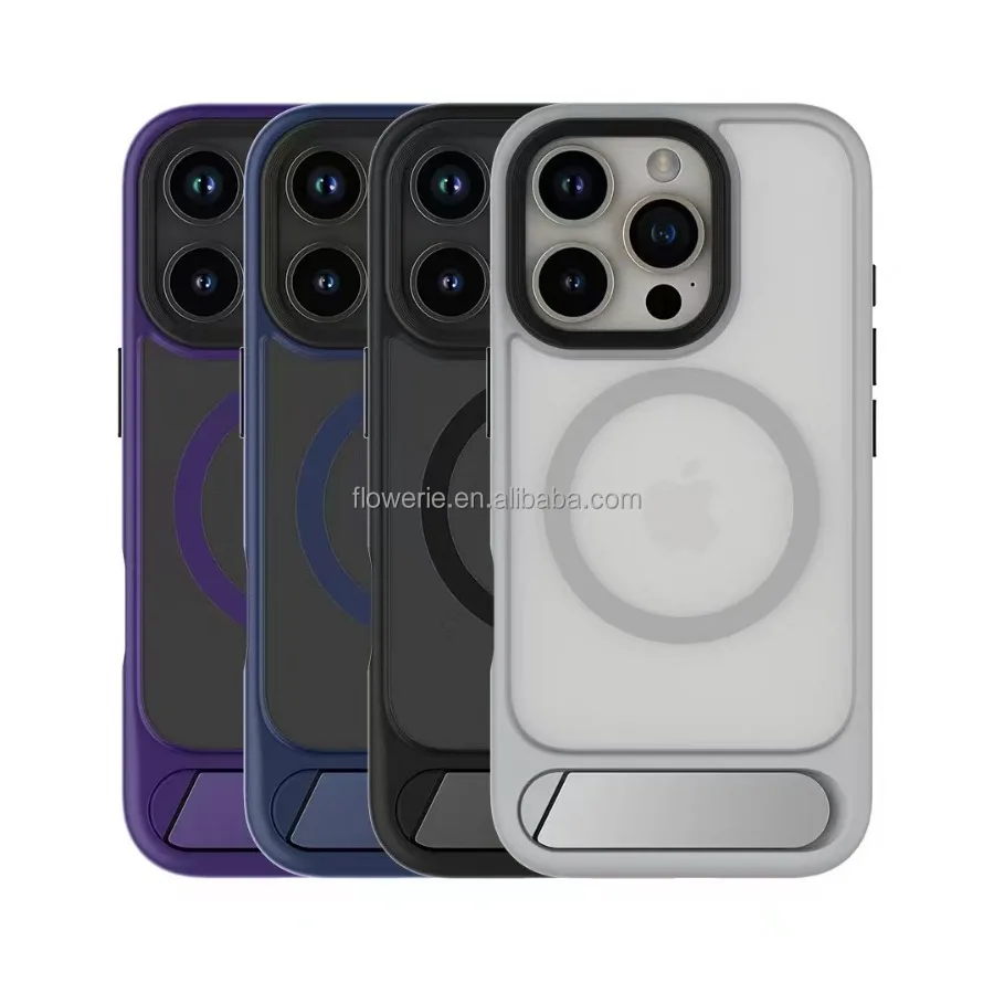 Desert gold transparent back TPU PC Combo Metal Stand holder Shockproof Matte Phone Case Luxury Cover for iPhone 16 Pro Max