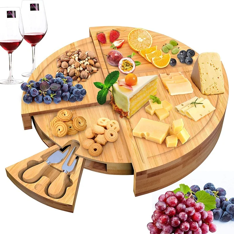 Cheap Price Compact Wedge wooden Round Charcuterie Platter Kitchen Snack Serving Tray Large Bamboo Cheese Board And Knife Set