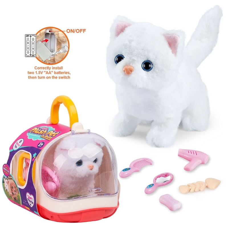 Plush Cat with Carrying Case Realistic Stuffed Animals Toy Plastic Pet Care Pretend Play Set