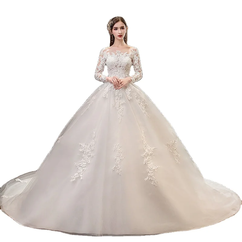 New Bride Master Wedding Dress Maid Lace Luxury Long Sleeves Dream Plus Tail Bridal New Lace Luxurious Fantasy Large Size