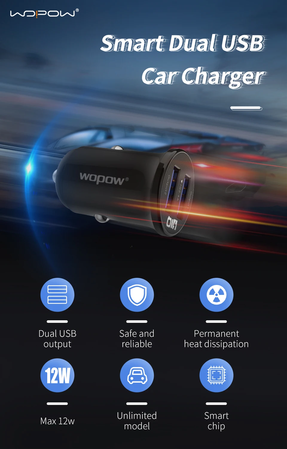 Wopow 2021 IQ2.4A  2 USB Car Charger  Material 94V0 Anti-fire PC DC5V2.4A IQ 12W MAX