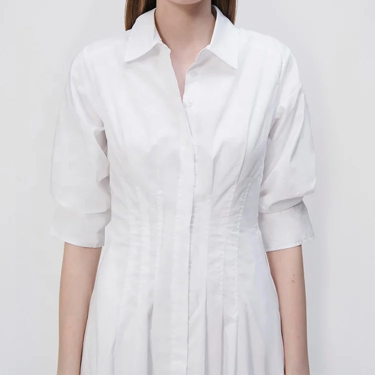 Wholesale Women Clothing High Quality White Linen Half Sleeve Shirt Midi Dress Button up Turn-down Collar Casual dresses