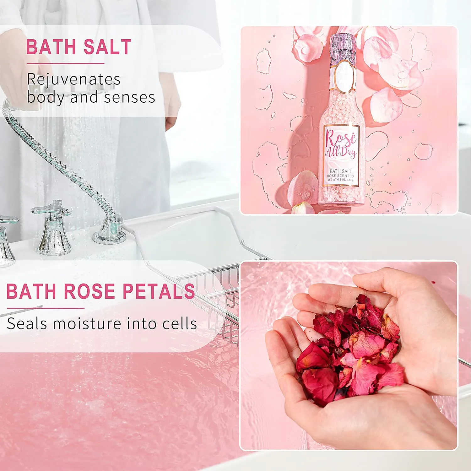 Rose Bath Spa Gift Set for Women with Bath Salts, Body scrub rose bath and body gift set wholesale