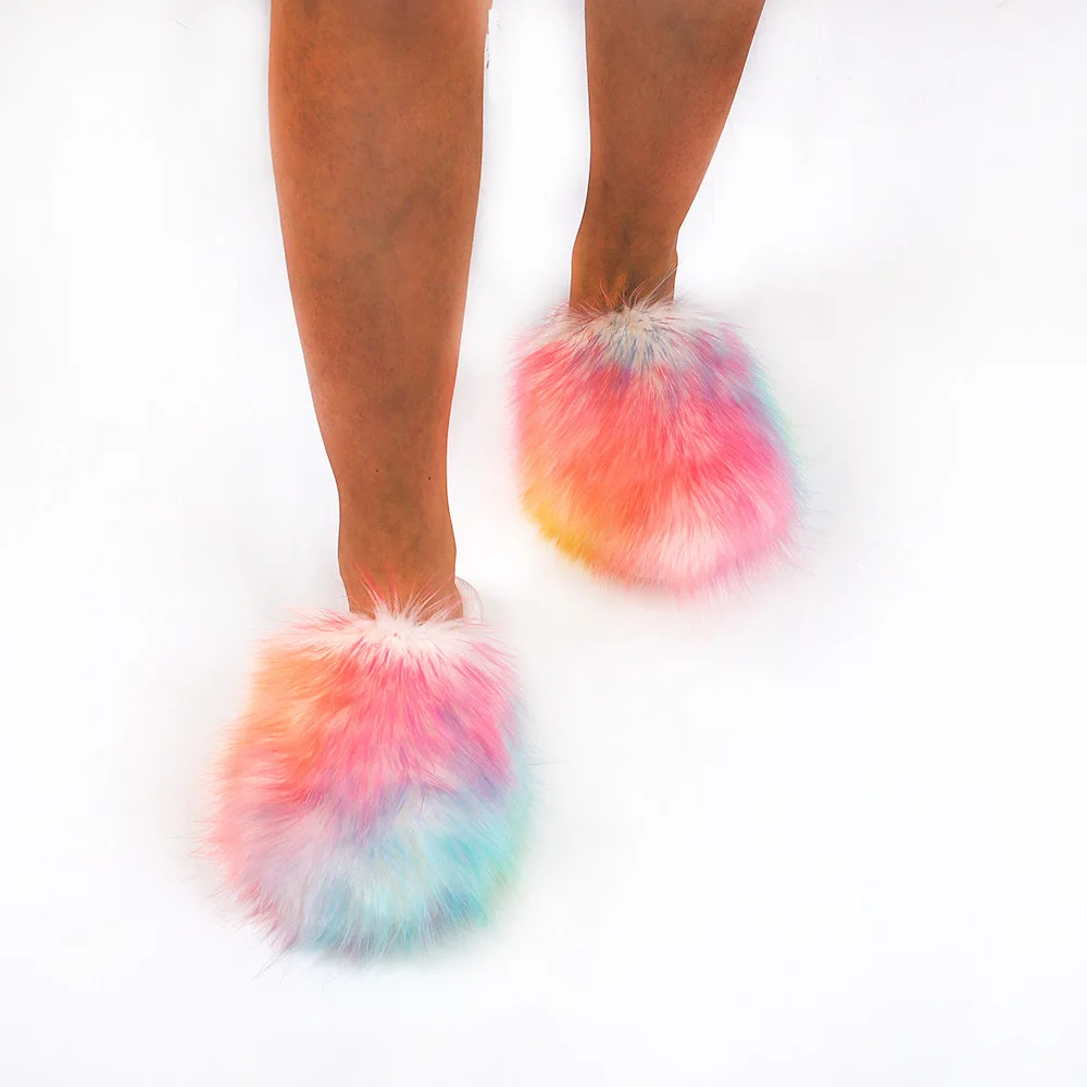 2021 New Arrivals Trending Shoes Faux Fur Fluffy Plush Women Slippers Winter House Slides Popular Colorful Slippers