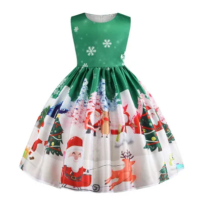 Hot Selling Vintage Dress Girls O-Neck Sleeveless Christmas Santa Claus Print Dresses Costumes For Girls