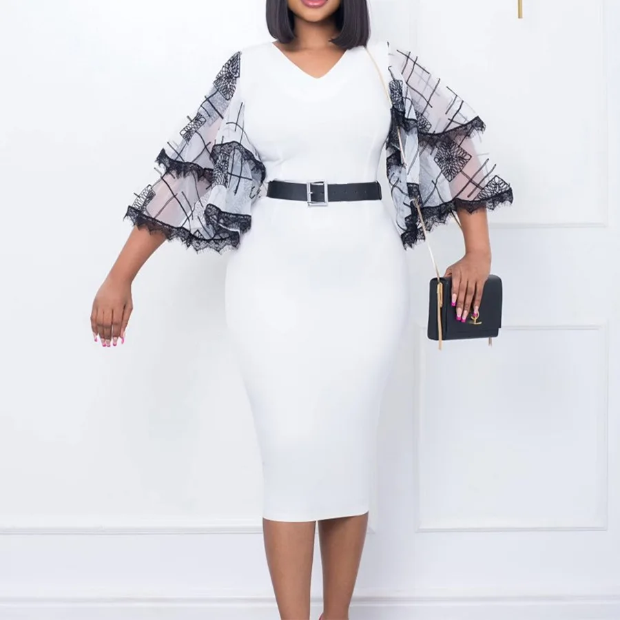 D301 New design spring women clothes flare sleeve ladies office dresses v neck midi belt pencil elegant women dress career dresses