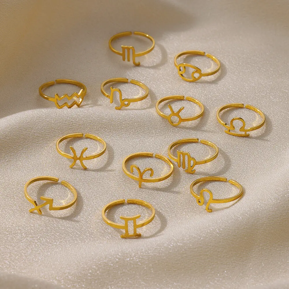 New Stainless Steel Pvd Gold Plated Jewelry Custom Adjustable 12 Horoscope Zodiac Sign Ring For Women Girls Gift