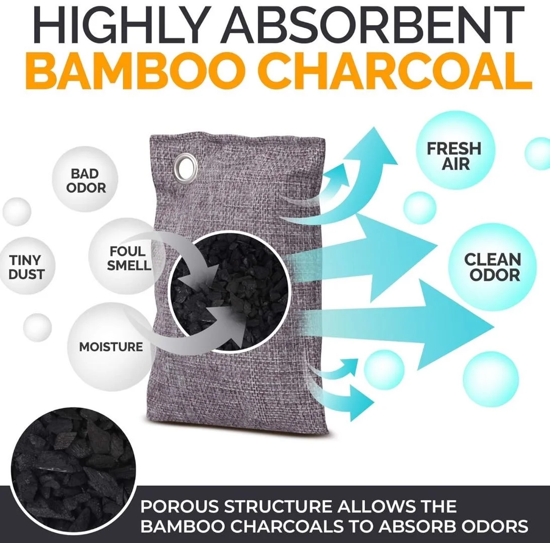 Bamboo Air Purifying Bag, Activated Charcoal Bags Odor Absorber, Moisture Absorber, Natural Car Air Freshener, Shoe Deodorizer,