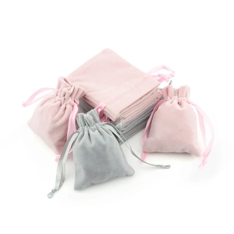
High End Pink Grey Logo Printed Big Size Jewelry Packaging Velvet Pouch For Jewelry With Ribbon Customized Logo 