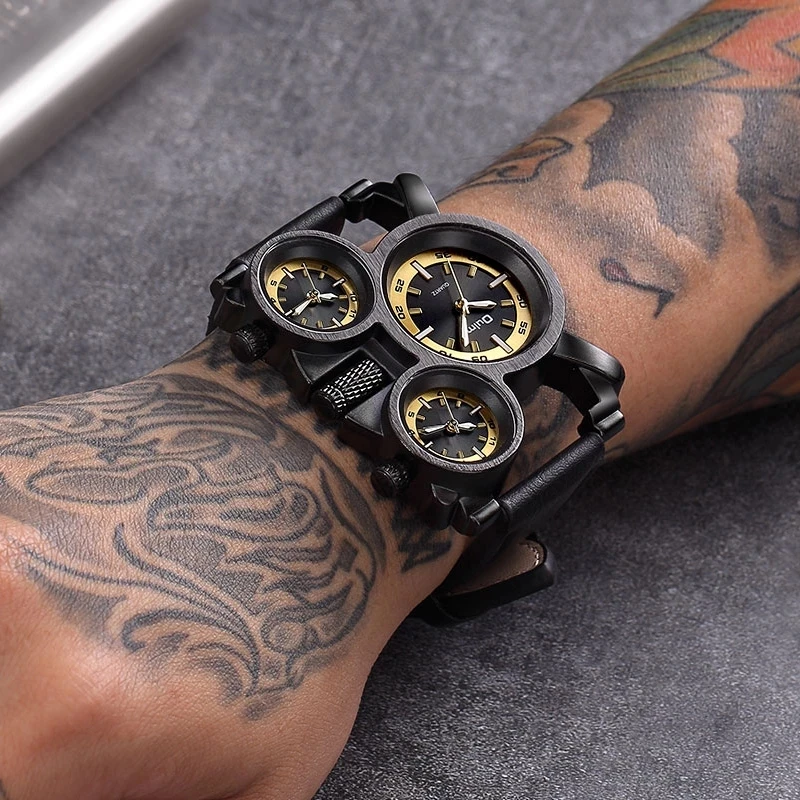 Oulm 1167 Three Time Zone Quartz Watches Men Mesh Steel Leather Band Sport Wristwatch Man Luxury Brand Male Clock relogio