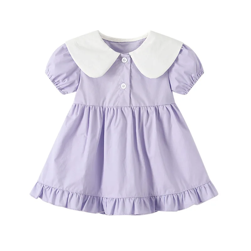 2024 New Summer Girls Dress Korean Style Purple Long Ear Rabbit Cartoon Fashionable Doll Collar Short Sleeve Princess Dress