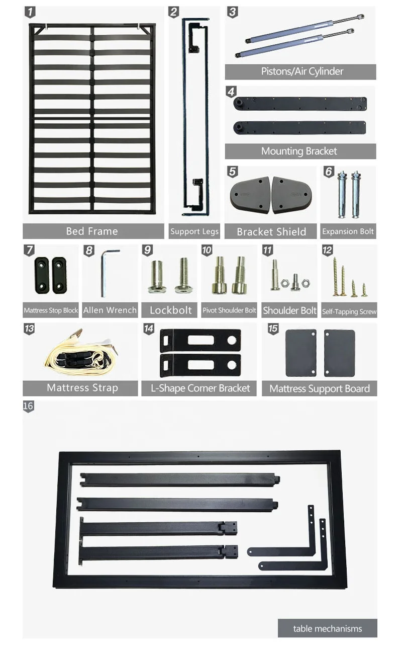 DIY installation free standing Horizontal Desk Folding Wall Bed Hardware With table