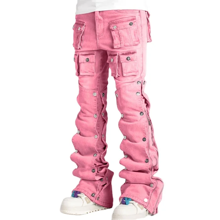 Latest Stacked Premium Denim Jeans For Men Tapered Fit 10 Pockets Detachable Front Panels Side Zip Up Leg Vintage Jeans