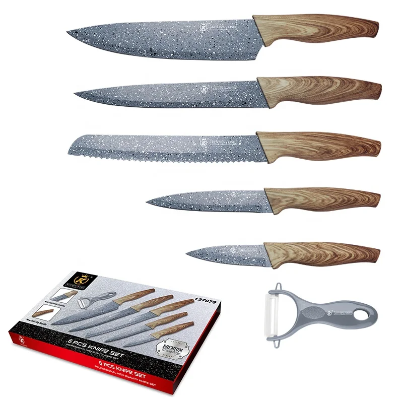 
Kitchen King 6 piece marble knife set wood grain knife set knifes in giftbox set with peeler Dishwasher Safe 