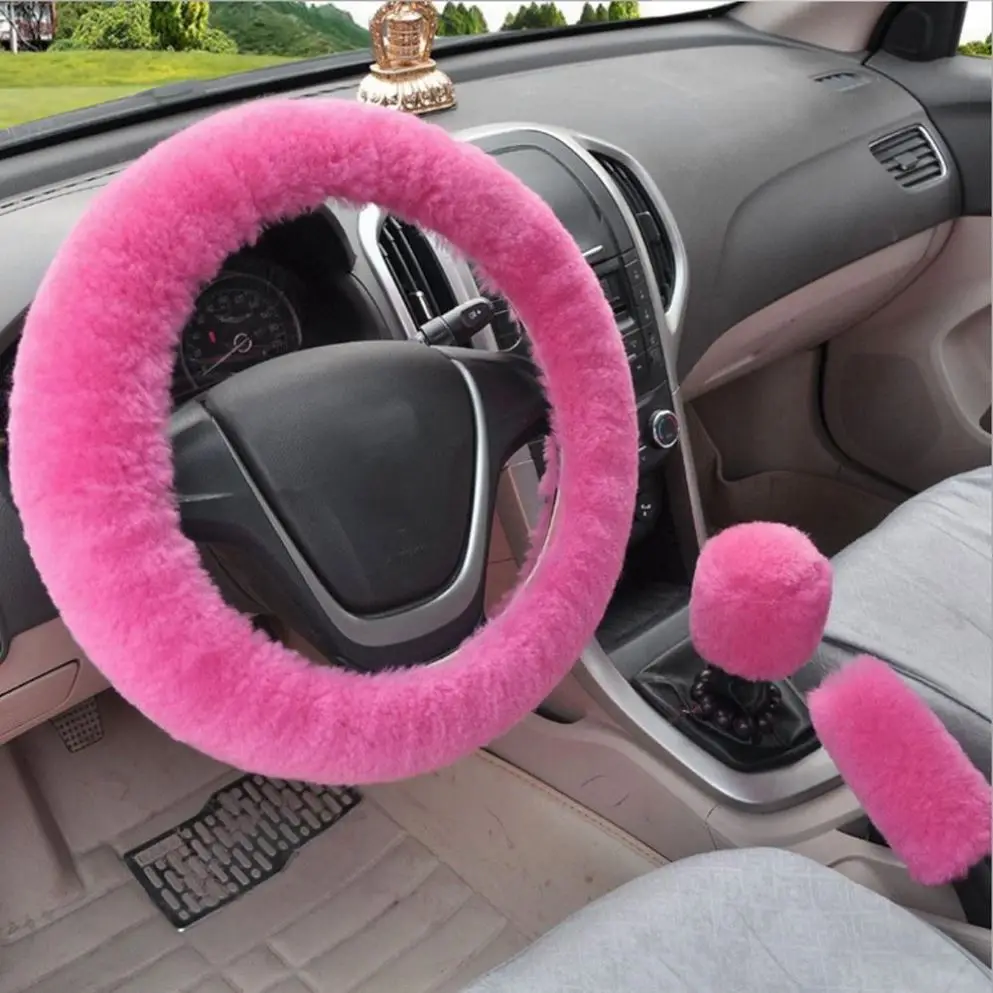 K395 Universal Steering-wheel Plush Faux fur Hand Brake Gear Cover Set Car Steering Wheel Covers