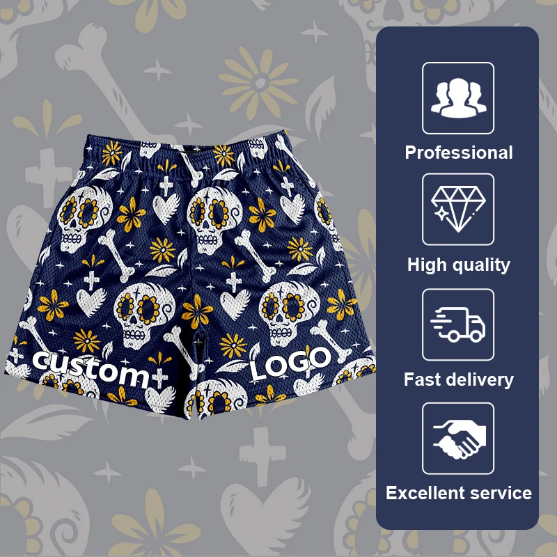 High quality OEM Summer Breathable Mesh Shorts Skull Pattern Sublimated mesh hole shorts mesh shorts