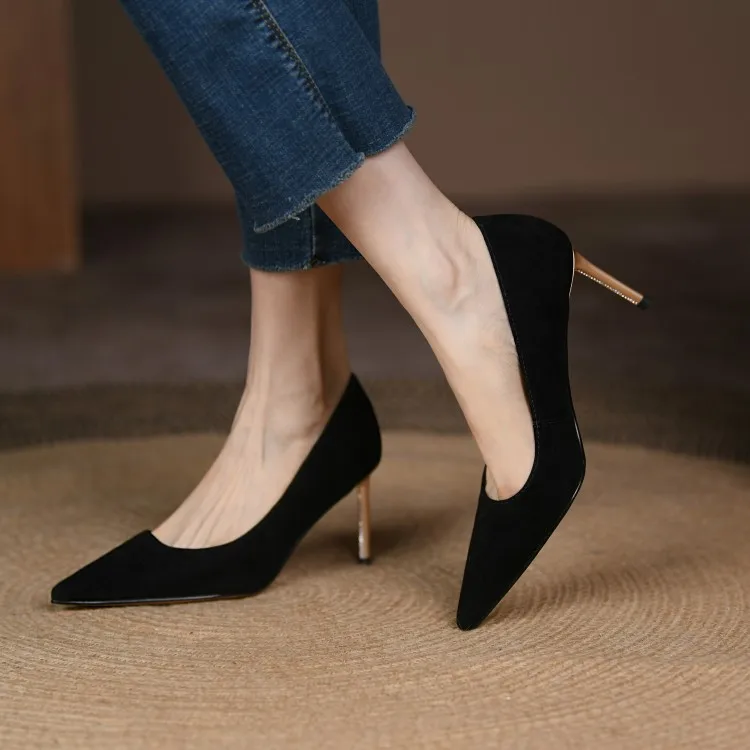 wholesale genuine leather women custom sheep skin pointed toe kitten high heel ladies shoes