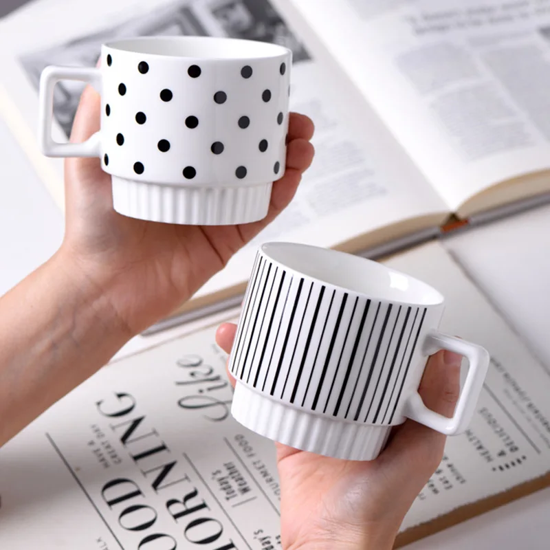 Nordic Porcelain Polka Dot Geometric Mug Hepburn Style Black and White Printing Drinkware Gift Ceramic Stacking Coffee Mugs Cup