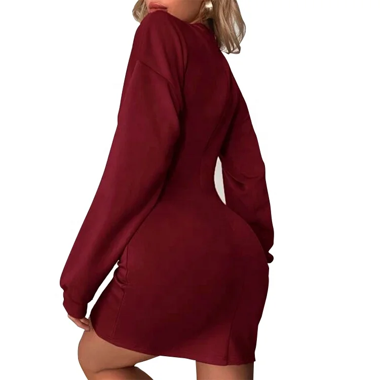 Wholesale Women Loose Long Sleeve Sexy Dress Fashion Round Neck Casual Knitted Sexy Long Full Sleeve Formal Women Dress
