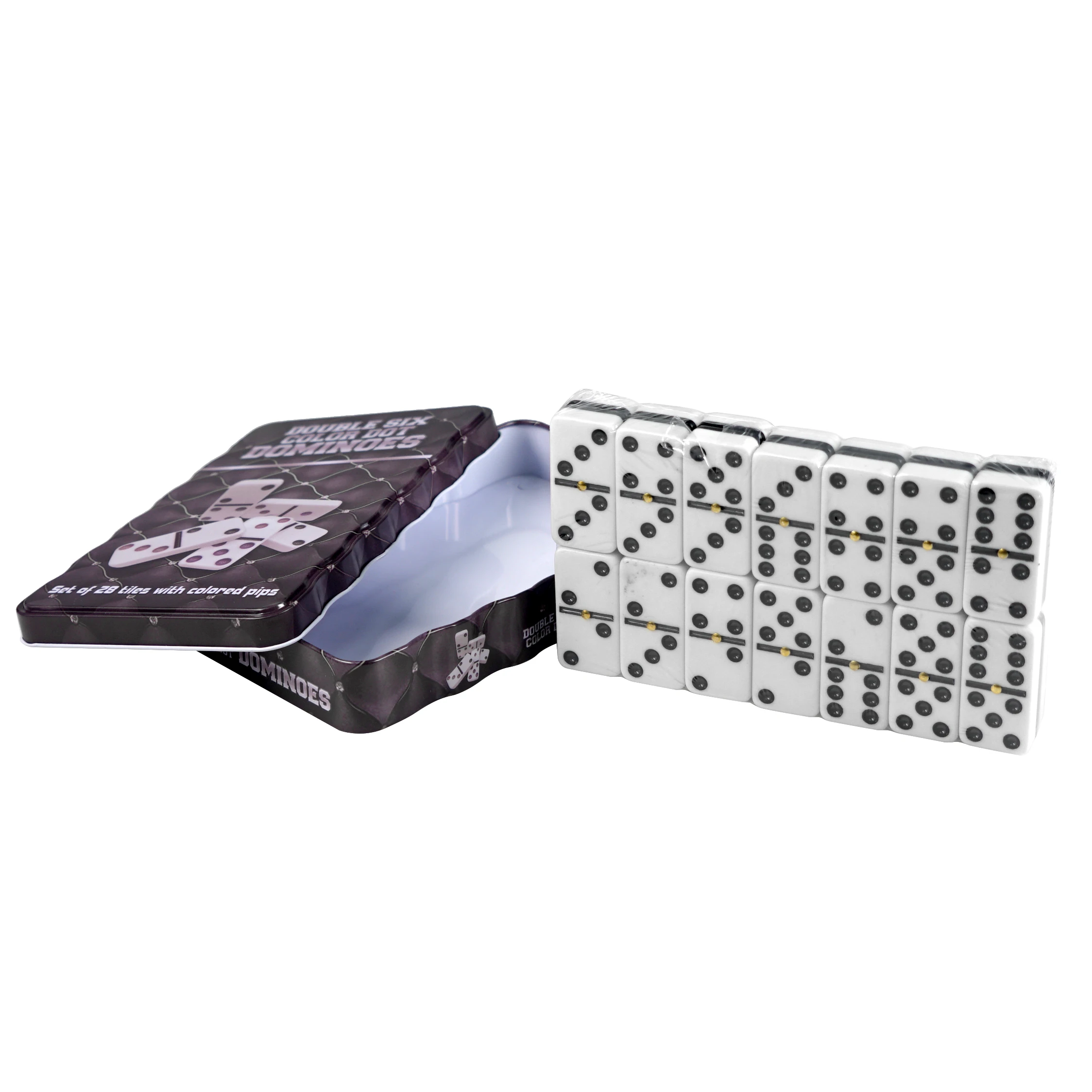 Black and White Two-layered Acrylic Domino Set with Black Dots and Metal Spinner Iron Case Packaging 28pcs Dominoes Block
