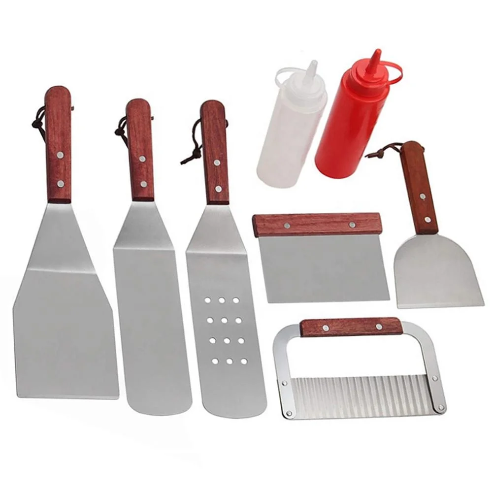 8 Piece Teppanyaki Shovel Stainless Steel Frying Shovel BBQ Tools set Steak Pizza Shovel Salad Ketchup Bottle Spatula