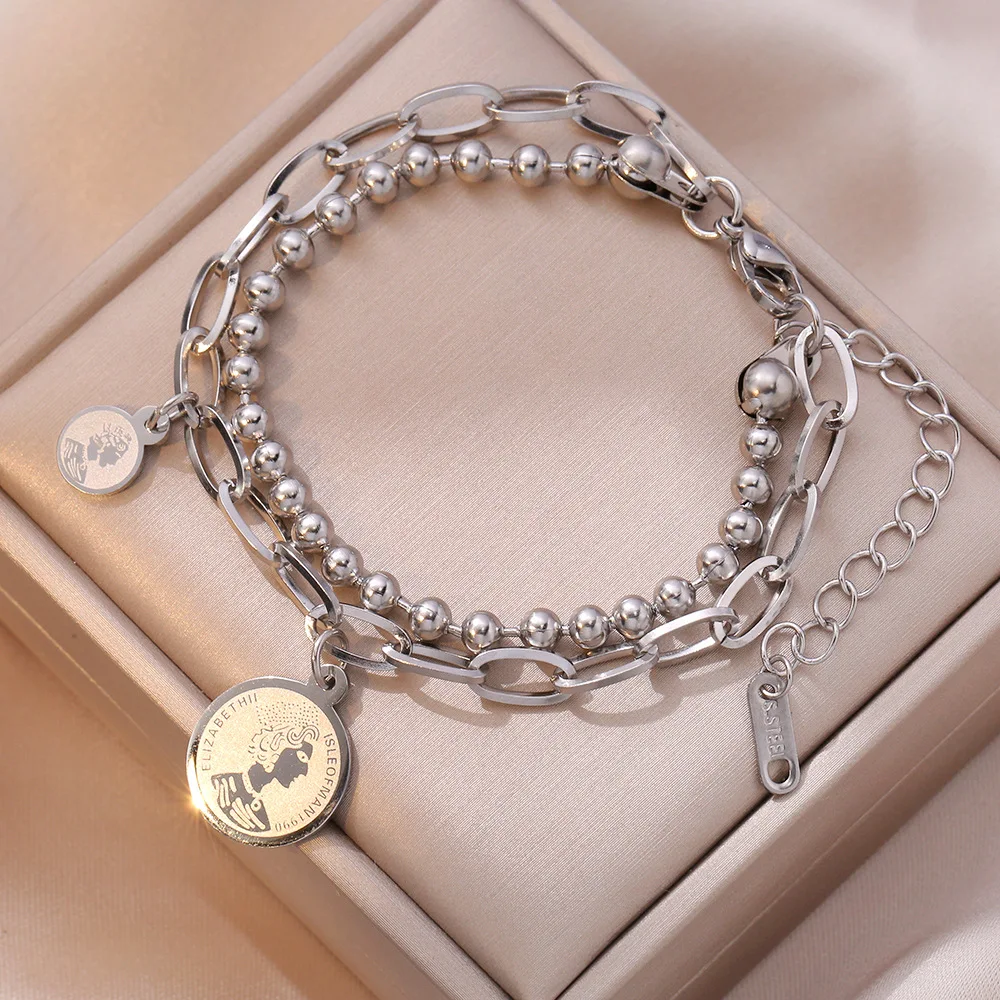 Double Layered Bracelet Oval Paperclip Chain Cuban Link Chain Gold Bracelet Stainless Steel Queen Coin Bracelet for Women