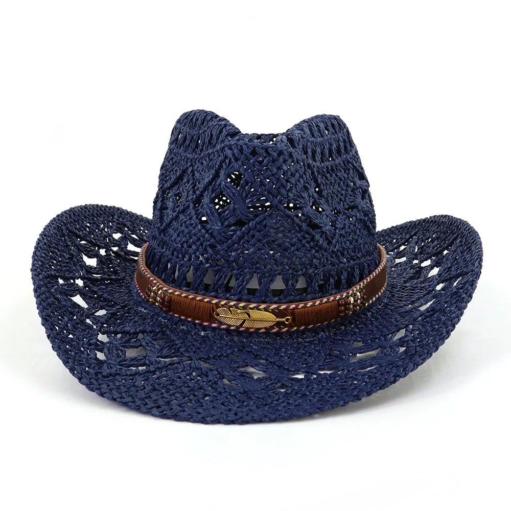 High Quality Custom Hollow Straw Cowboy Western Hat With Feather LOGO Straw Beach Hat Summer Sun Panama Hat Women