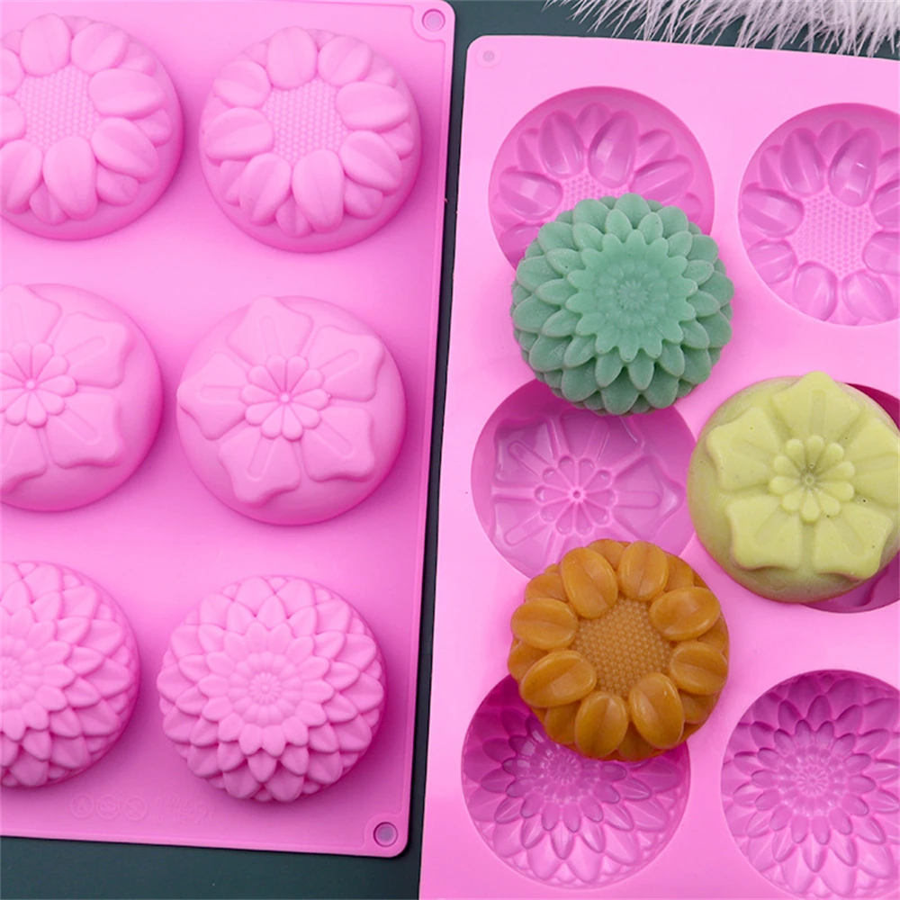 DIY Handmade Soap Sunflower Mooncake Mold 6 Cavity 3 Groups Of Flower Shaped Silicone Cake Mold Baking