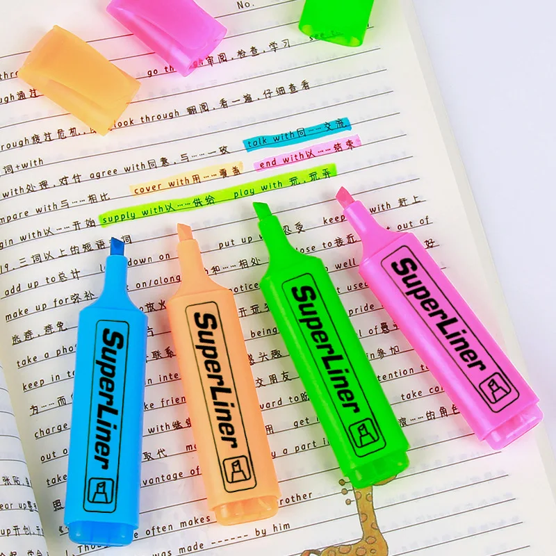 2024 office and school supplies glitter red pink blue purple colorful cheap 4 colors fluorescent yellow highlighter chisel tip