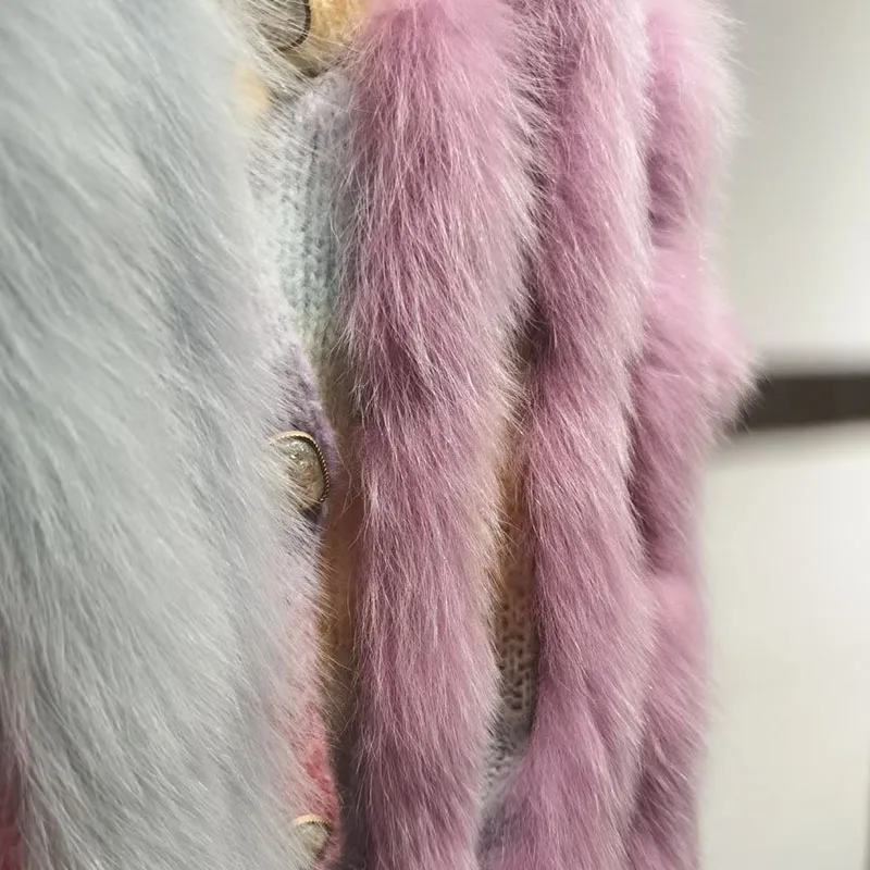 Women Winter Real Fox Fur Coat Plus Size Hit Color Striped Knitted Cardigan Outwear With Genuine Fur Luxury Autumn Jacket