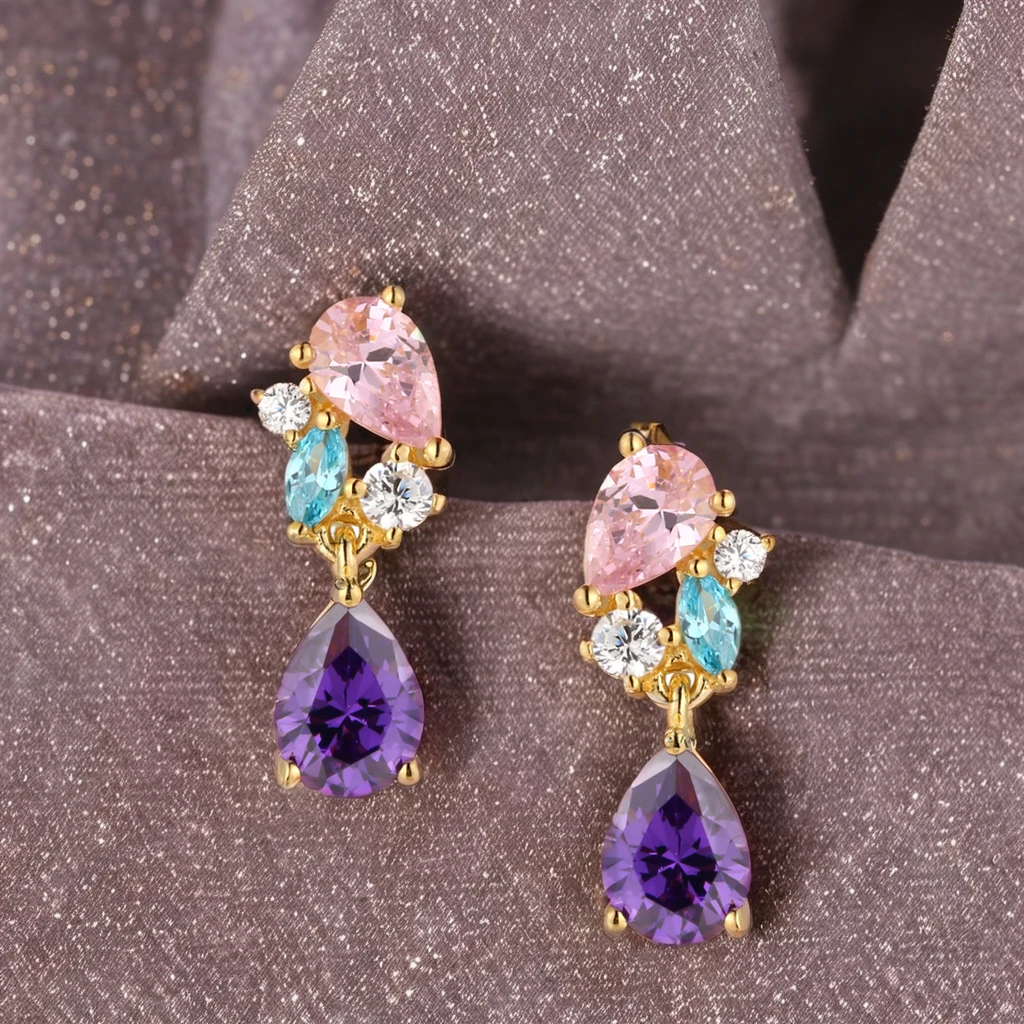 Grace Jewelry Noble Luxurious Big Gemstone Purple Zircon Pink Stone Gold Plated 925 Silver Fashion Jewelry Luxury Women Earrings