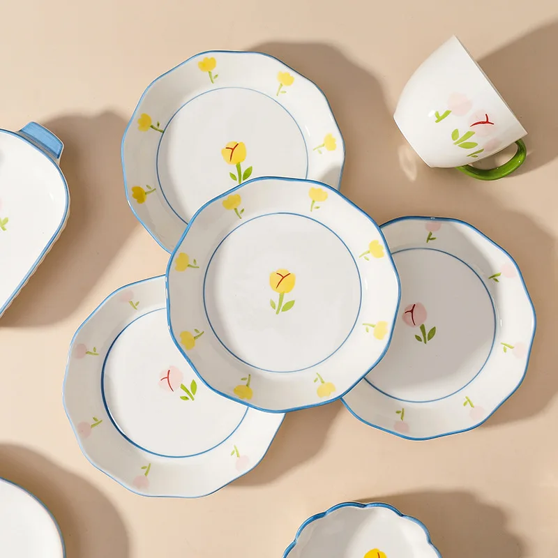 korean flower nordic blue floral fine china ceramic embossed fancy tulip dinnerware sets