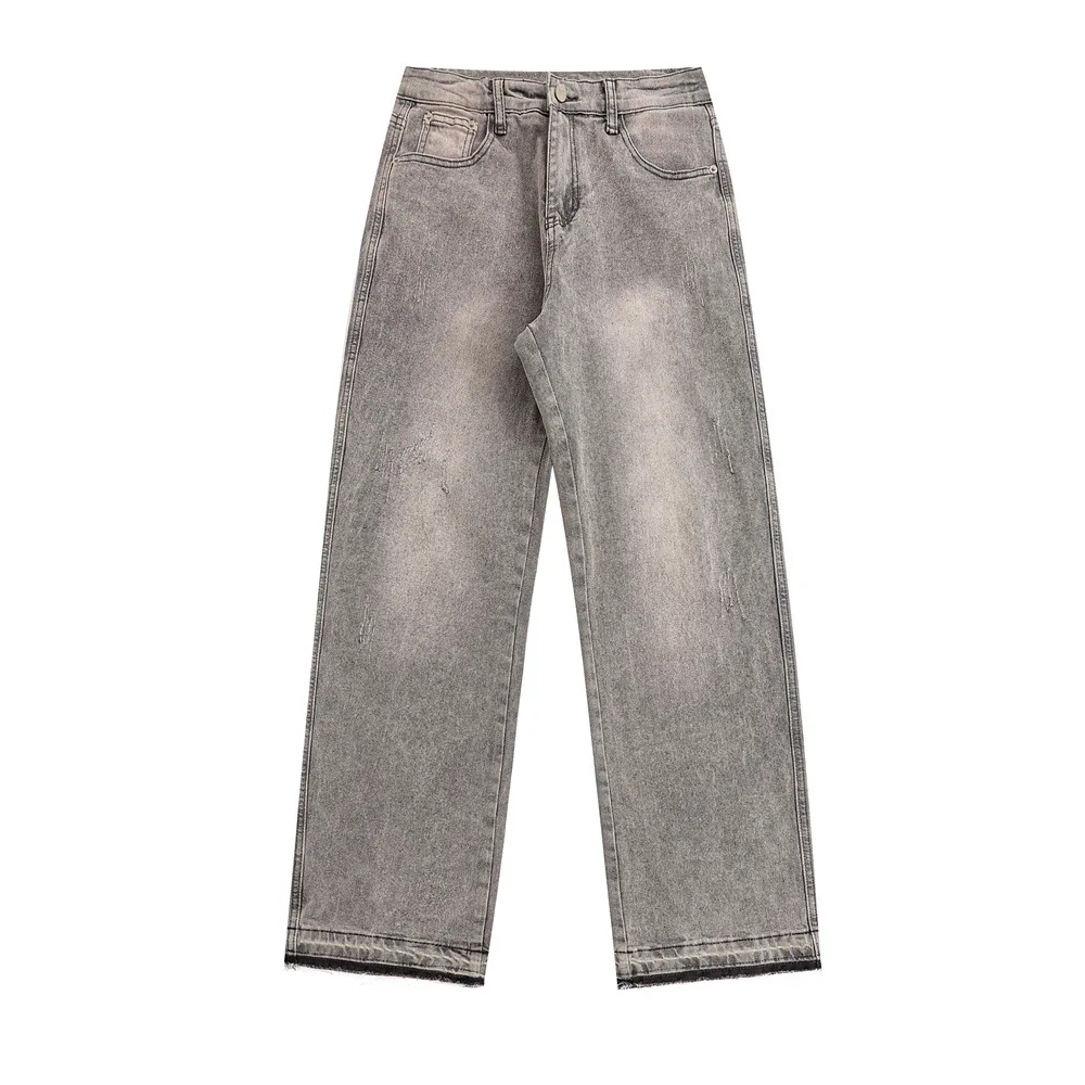 Washed Straight Tube With Raw Edge Custom Denim Jeans Street Style Mens Designer Jeans