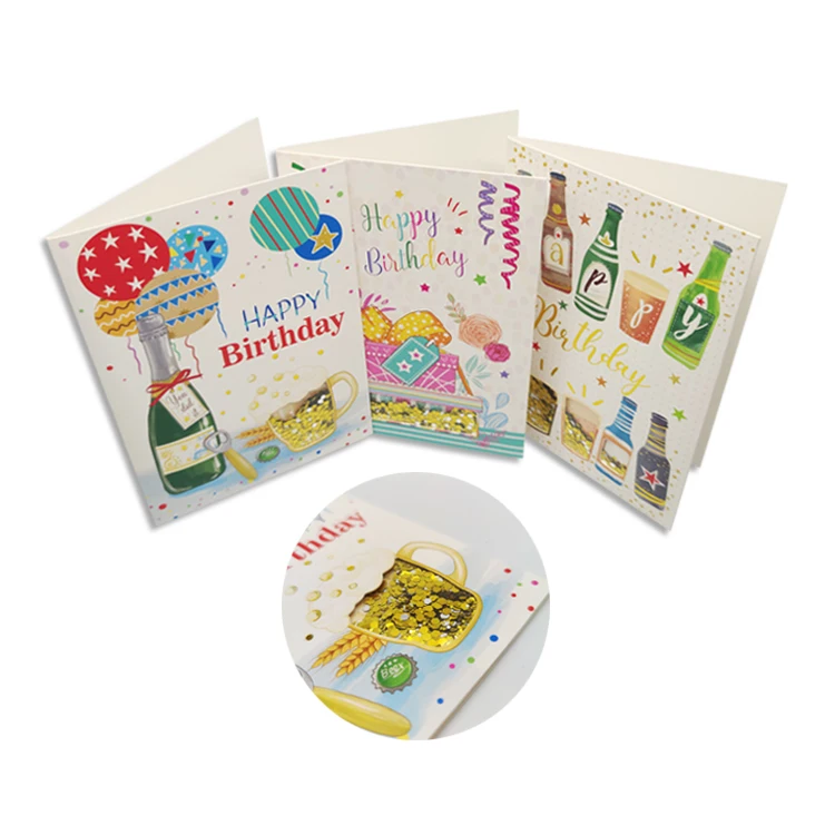 Luxury Sequin paper crafts Shake Happy Birthday Cards Custom Printing Funny Handmade 3D Greeting Cards
