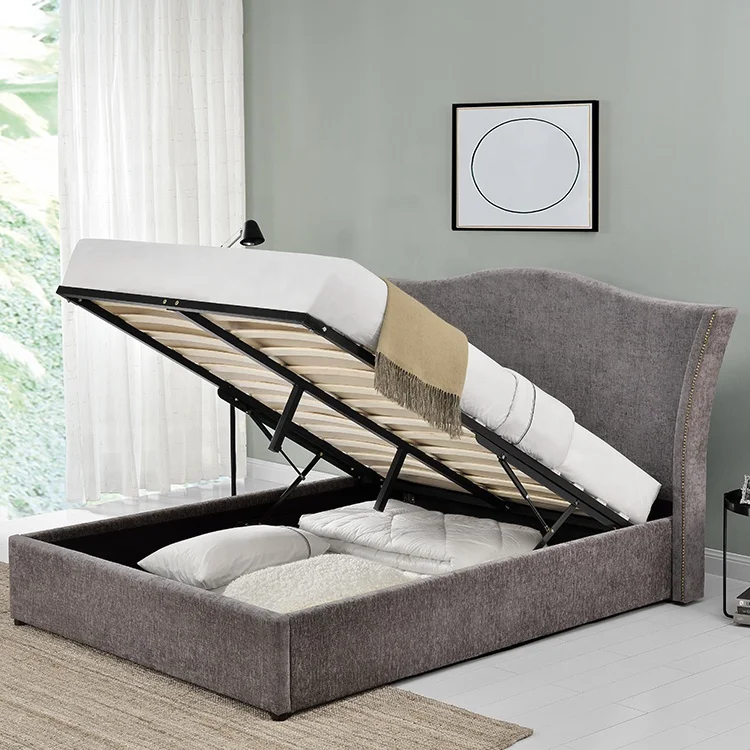 Willsoon Classical Crown Luxury Bedroom Furniture Modern Design Double Storage Bed with Gas Lift Soft Linen Fabric for Home