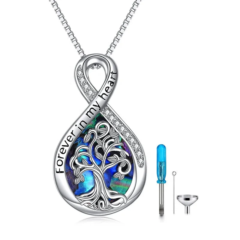 925 Sterling Silver Infinity Symbol Abalone Tree Of Life Urn Necklace For Ashes Memorial Cremation Jewelry Pendant Necklace